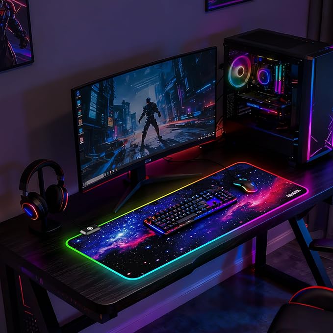 TIDALSOIL RGB Gaming Mouse Pad, Oversized Mouse Mat with 12 Light Modes, Non-Slip Rubber Base, Large Computer Keyboard Mouse Pad for PC Gaming, Office, 800 x 300 x 3 mm, Starry Sky