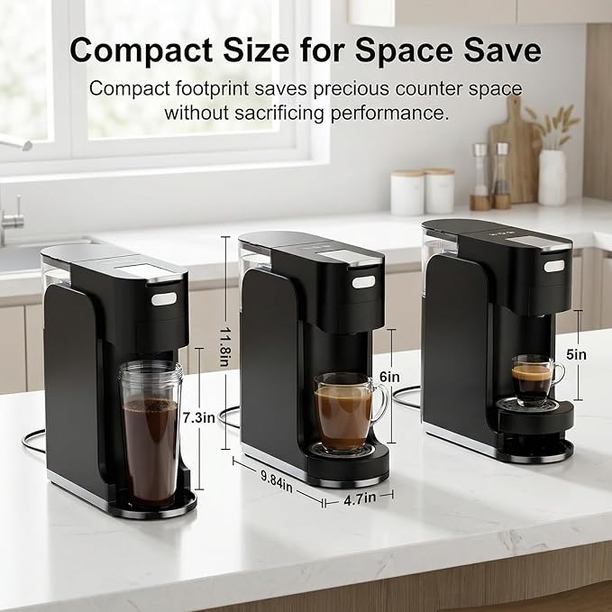 All-in-1 Single Serve Coffee Machine, Hot and Iced Coffee Maker for Ground Coffee, K-Cup Pod, NES Original and DG Pod, 20 Bar Espresso Coffee Maker, Customizable Brew Volume, Heats up in 3 seconds