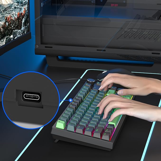 75 Percent Keyboard Gasket-Mounted with Sound Absorbing Pads, 82-Key Compact Wired RGB Mechanical Gaming Keyboard Hot-Swap Socket for Win, Sound Wave