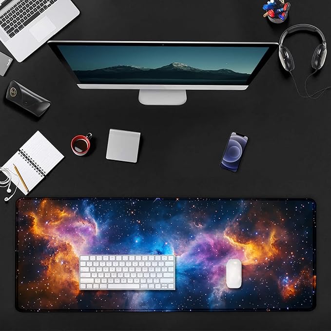 Space Universe Nebula Galaxy Large Mouse Pad, Desk Mat Computer Keyboard Pad Non-Slip Rubber Base Waterproof with Stitched Edges for Laptop Gaming, Office & Home 31.5 x 11.8 Inch (XL-19)