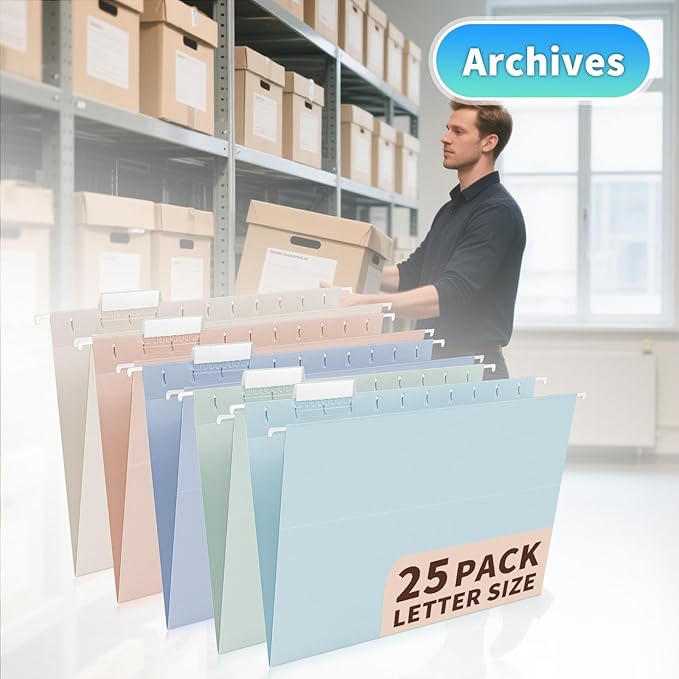 25-Pack Morandi Hanging File Folders,Letter Size with 35 Transparent Label Cards,50 Sticker Labels,1/5-Cut Tabs–Home Office & Filing Cabinets