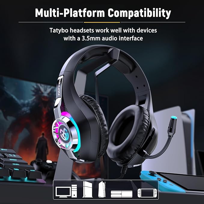 Tatybo Gaming Headset for Xbox One PC, Over-Ear Gaming Headphones with Surround Sound, Noise Canceling Mic