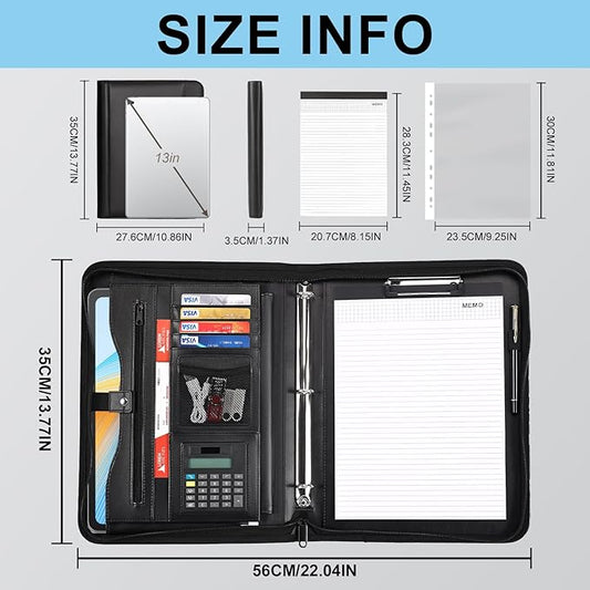 Eshow Portfolio Organizer - 3 Ring Binder with Zipper, Vegan Leather Business Padfolio Folder with Notepad Includes 10 Clear Sheet Protectors for Documents Files for Men Women