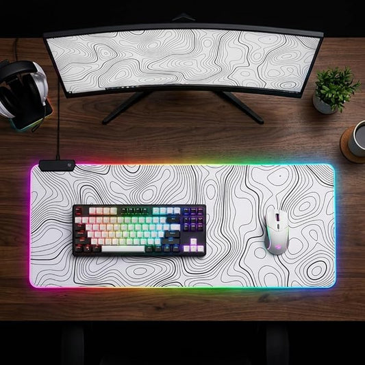 RGB Mouse Pad LED Desk Mat Large Gaming Mousepad White with Black Topographic Line Design, Keyboard Pad XL Mouse Mat for Home and Office(White with Black Topographic Line)