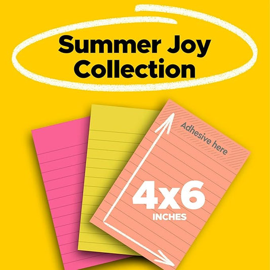 Post-it Super Sticky Lined Notes, 3 Sticky Note Pads, 4 x 6 in., Ideal for Organization in Your Dorm, Home or Office, 2X The Sticking Power, Summer Joy Collection