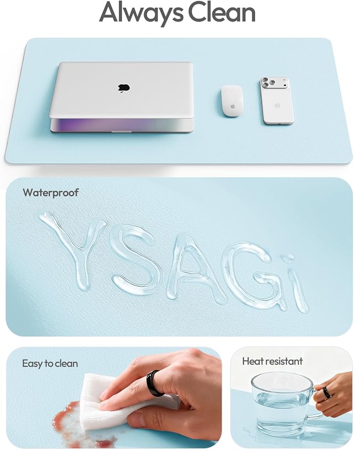 YSAGi Leather Desk Protector, Office Mat, Large Mouse Mat, Non-Slip PU Leather Blotter, Laptop Pad, Waterproof Writing Pad for Office and Home (Baby Blue, 35.4" x 17")