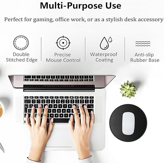 Cute Black Round Mouse Pad with Stitched Edges, 7.9" Diameter & 0.12" Thick, Smooth Fabric Surface & Anti-Slip Rubber Base Portable Circular Mat for Office Desk/Laptop/Home/Gaming/Traveling