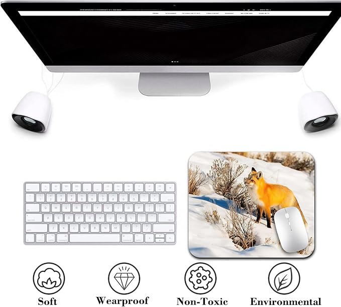 9.5"x 7.9" Anti-Slip Office/Gaming Mouse Pad - Red Fox in Nature Snowy Mountain Cold Winter Scenery Wildlife Carnivore Design, Cute Natural Washable Rubber Mat for Desk Decor