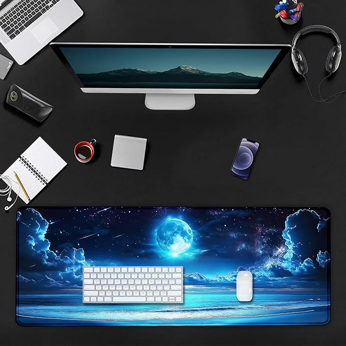 Blue Full Moon Sea Beach Large Mouse Pad, Desk Mat Computer Keyboard Pad Non-Slip Rubber Base Waterproof with Stitched Edges for Laptop Gaming, Office & Home 31.5 x 11.8 Inch
