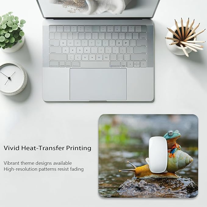 Anti-Slip Gaming & Office Mouse Pad with Stitched Edges 9.5 x 7.9 Inch, Colorful Frog Above The Snail Riverscape Water Rock Mollusks Amphibian Animals Funny Scene Durable Smooth Surface Desk Mat