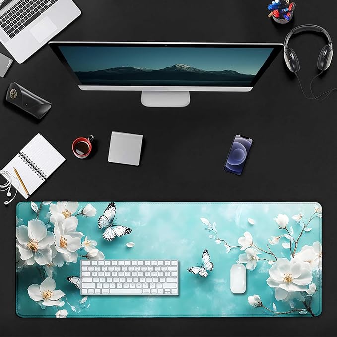 Aqua White Flowers Butterfly Large Mouse Pad, Desk Mat Computer Keyboard Pad Non-Slip Rubber Base Waterproof with Stitched Edges for Laptop Gaming, Office & Home 31.5 x 11.8 Inch (XL-22)