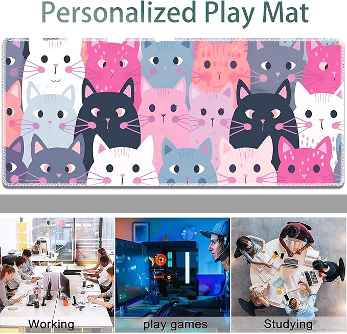 Large Gaming Mouse Pad Non-Slip Keyboard Pad Soft Extended Desk Mat Desktop Writing Pad (31.5"×11.8") Combined with Coasters, Home and Office Desktop Decor, Cute Kitten