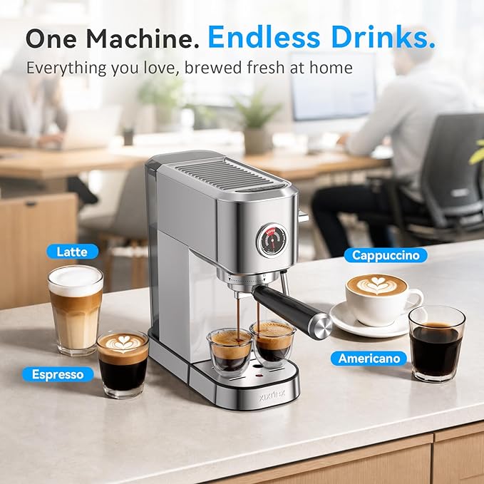 XIXUBX 20 Bar Espresso Machine, Compact Stainless Steel Espresso Maker with Milk Frother and Milk Frothing Pitcher, Coffee Machine for Cappuccino and Latte, 42 oz Water Tank for Home, Office, Silver