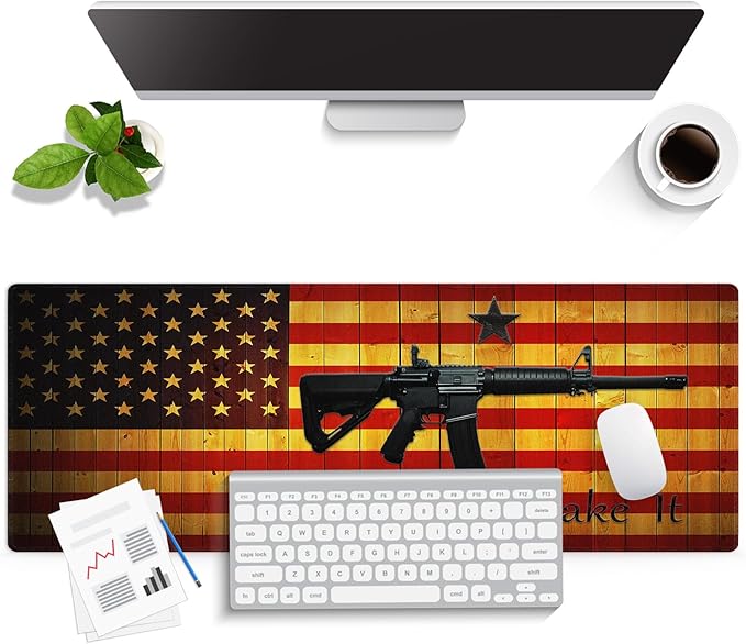 knseva. Large Gaming Mouse Pad with Stitched Edges, Cool AR-15 Design Come and take it Quote Vintage American Flag Rustic Wood Grain, Anti-Slip Waterproof XXL Extended Desk Mat