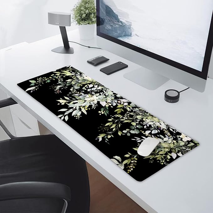 aportt Sage Green Leaves Gaming Mouse Pad XL Spring Summer Floral Extended Large Desk Mat Black Big Mousepad Non-Slip Rubber Base Stitched Edge Long for Desktop Office Computer Gamer,31.5×11.8 in