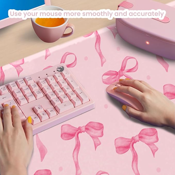 Pink Desk Mat with Bows, Cute Bow Mouse Pad for Computer Laptop PC Non-Slip Rubber Base Gaming Keyboard Pad, Large Office Mat Girly Décor Office Supplies Accessories for Teen Girls Women 31.5 x 15.7in