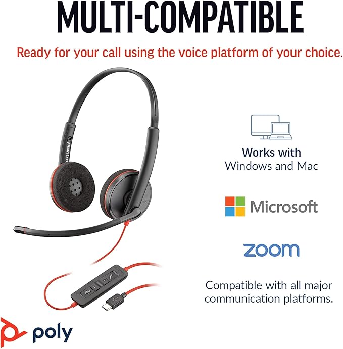 Poly Blackwire 3220 Wired Headset with Mic, Hi-Fi Stereo Sound, Noise-Canceling Mic, Stereo Design, Connect to PC via USB-C & USB-A Adapter, Over-Ear Design, Works with Virtual Meeting Platforms