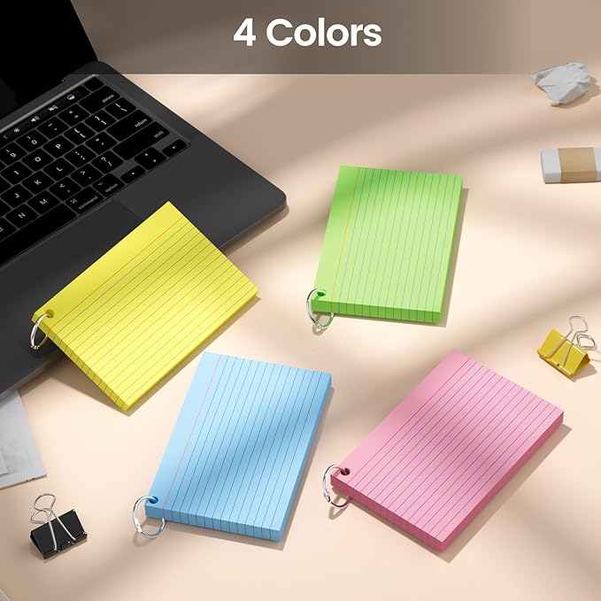 160-Pack Colored Index Cards 4x6 Inch w/Key Ring – 180gsm Heavyweight Flashcards – 4 Vibrant Colors Flash Cards (Pink Blue Green Yellow) Perfect for Study, Notes & Memory, Students School Supplies