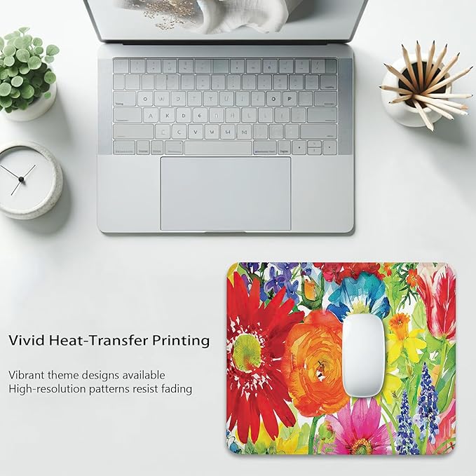 Vibrant Watercolor Garden Blooms Anti-Slip Base Gaming & Office Mouse Pad with Stitched Edges 9.5 x 7.9 Inch, Colorful Ranunculus Flowers Floral Painting Durable Smooth Fabric Surface Desk Mat