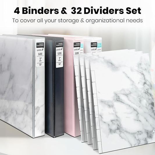 Yoobi 1 Inch Marble Binder & 8-Tab Marble Binder Divider Set - 4-Pack of 3-Ring with 2 Pockets, 4-Pack of Organizer Tabs w/Blank Sticky Labels - Perfect for School, Home or Office