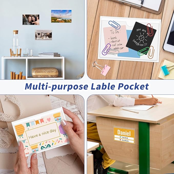 30 Pcs Clear Index Card Pockets, Self-Adhesive Label Pocket for Replaceable Labels with Top Opening, Ideal Index Card Holder for 3x5 Inch Photos, Notes