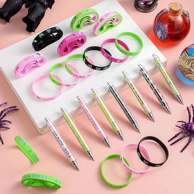 72 Pcs Witch Party Favors Gifts Witch Pens and Bracelets Bulk Halloween Pink and Green Ballpoint Pens Rubber Wristbands for Birthday Friendship Music Movie Fans Office Party Supplies