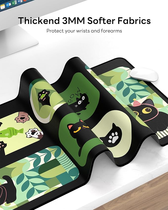 XL Gaming Mouse Pad, 31.5x15.7'' Large Desk Mat with Anti-Slip Rubber Base & Stitched Edges for Gaming, Office, Home - Cute Kitty