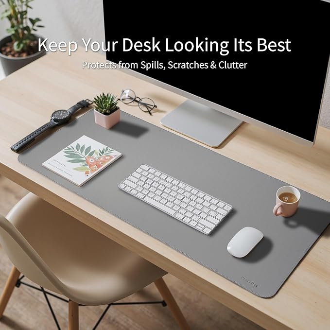 Oversized Non-Slip Desk Pad Protector with Premium Gift Box – Vegan Leather Waterproof Laptop Mat for Keyboard & Mouse, Grips Desk Firmly – Large Office Pad– Mist Gray