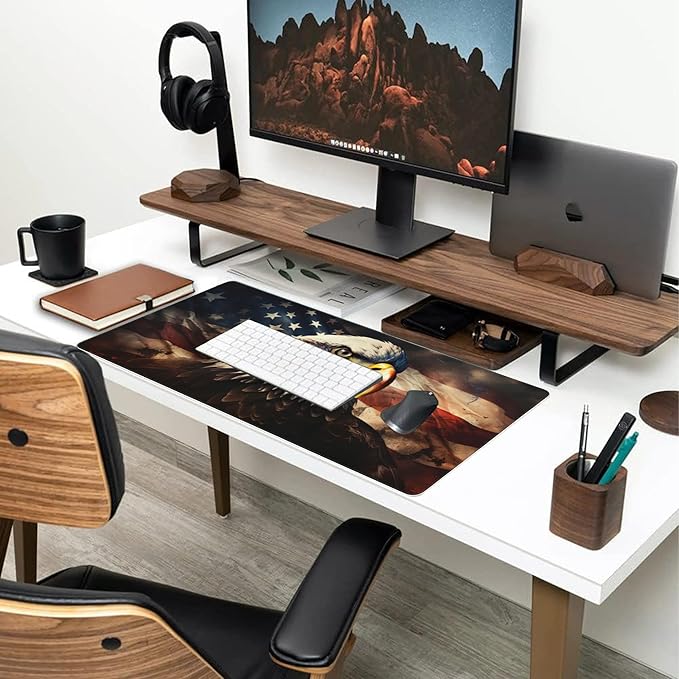 Desk Mat,American Bald Eagle Large Gaming Mouse Pad for Desk XXL,USA Flag Eagle Desk Pad,Extended Big Computer Keyboard Mouse Pad with Non-Slip Base and Stitched Edge 35.4"x15.7"