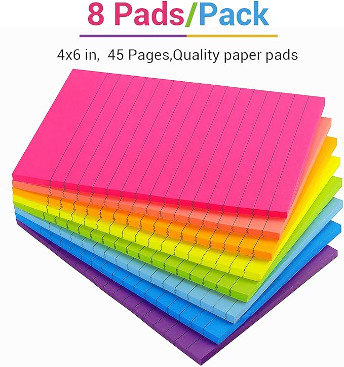 Tamak 4x6 Lined Sticky Notes Bright Ruled Post Stickies Strong Adhesive Memo Pads, 8 PadsPack, 45 SheetsPad (Multicolor-4x6), 111