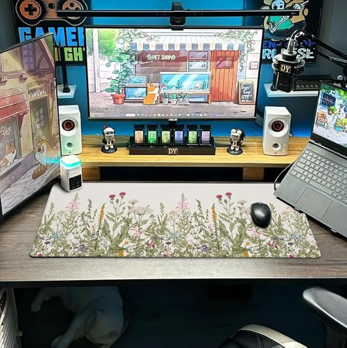 Wild Floral Flower Mouse Pad Extended Large Gaming Mousepad XL Big Long Oversized Desk Mat Stitched Edges 31.5 X 11.8 Inch for Home Office