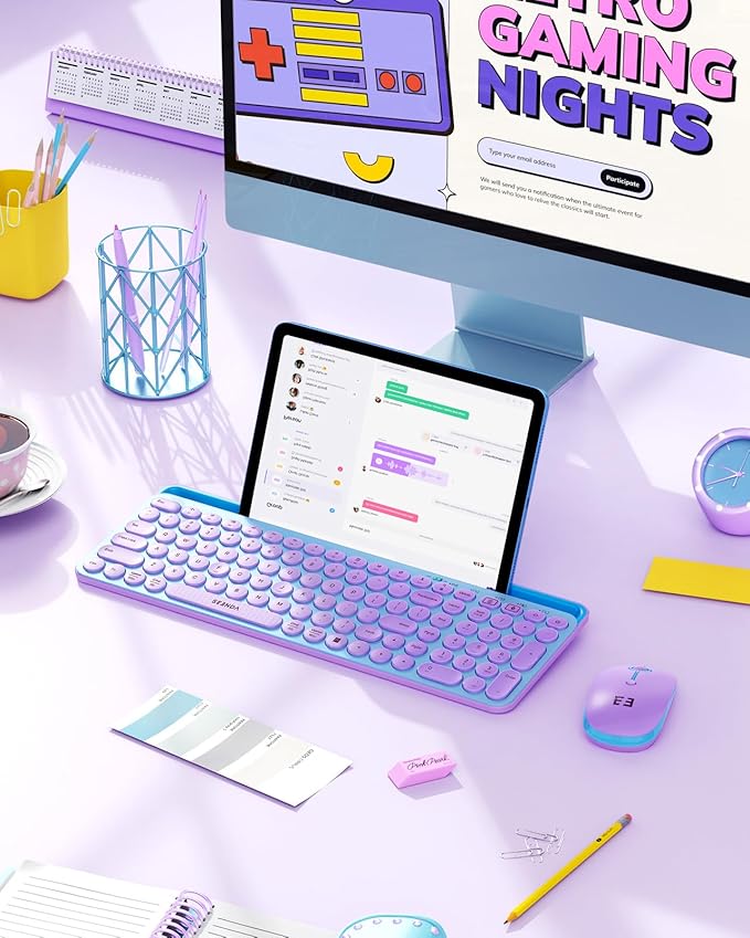 seenda Bluetooth Keyboard and Mouse for iPad, CTU-301 Wireless Multi-Device Connection Bluetooth+2.4G Keyboard Mouse Combo with Tablet Holder for iPad/Macbook/Windows, iOS/Andriod/Phone, Blue & Purple