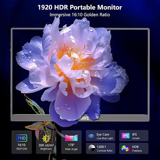WUAWE Portable Monitor 16" 1920x1200P 16:10 IPS Travel Monitor for Laptop with Built-in Stand, 100% sRGB Control USB-C HDMI,HDR Freesync Display, Plug&Play for Phone PS5 Switch(Black)