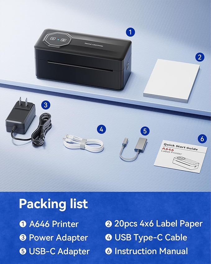 TATTMUSE Bluetooth Thermal Shipping Label Printer, A646 Wireless 4x6 Label Printer for Small Business and Shipping Packages, Compatible with iPhone Android Windows Mac, Amazon, USPS, UPS, Black