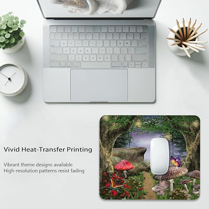 Mushroom Anti-Slip Gaming & Office Mouse Pad with Stitched Edges 9.5 x 7.9 Inch, Enchanted Nature Pathway Butterflies Landscape Rocks Durable Smooth Surface Desk Mat