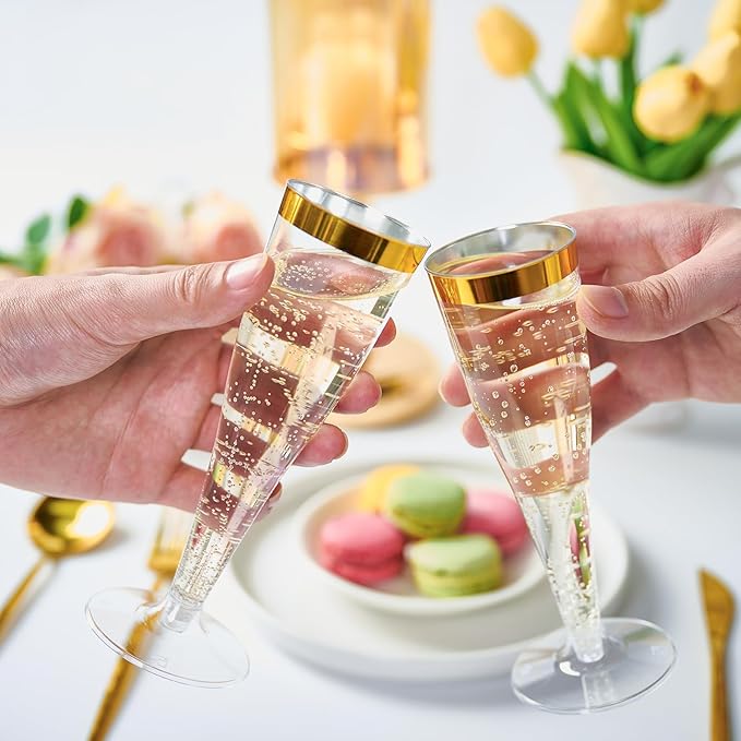 FOCUSLINE 100 Pack Plastic Champagne Flutes, 4.5 Oz Gold Rim Plastic Champagne Glasses, Disposable Clear Toasting Glasses Recyclable Champagne Cups for Wedding Party