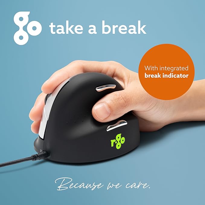 R-Go HE Ergonomic Mouse, with Break Software, USB-C Wired (with USB A Converter), Vertical Design, Anti Carpal Tunnel, Silent Click, Customisable Buttons, Compatible for Windows/Mac OS, Black/Silver