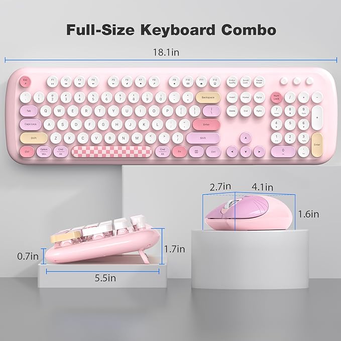 Retro Wireless Keyboard and Mouse Combo, SQMD Full-Size Office Typewriter Keyboard with Round Colorful Keycaps, 2.4G Cute Quiet Mouse for Windows PC, Home, Office, and College - Pink