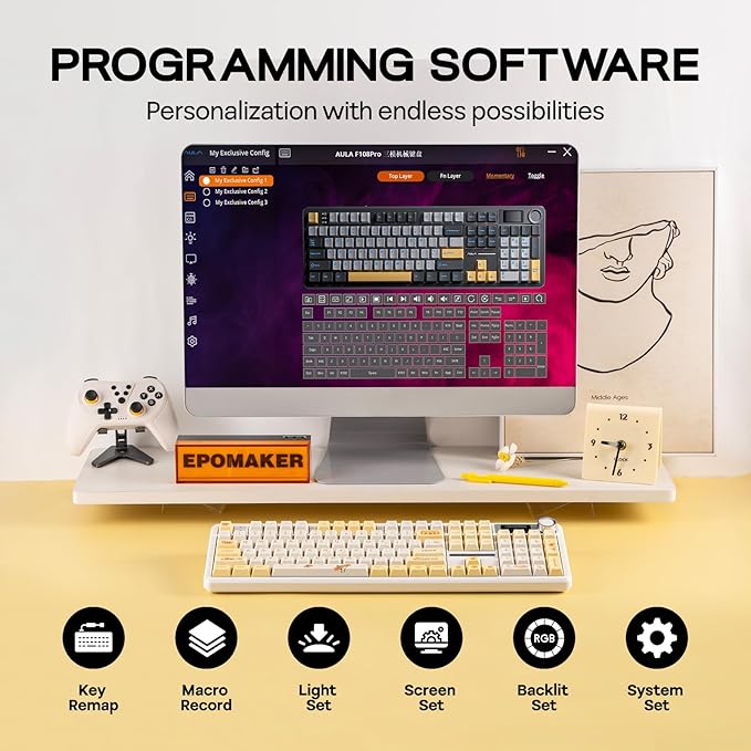 EPOMAKER X Aula F108 PRO Wireless Gaming Keyboard with Screen, 8000mAh Battery, 104 Hot-Swappable and Programmable Keys and Knob, RGB Backlight, for Mac/PC/Android (Grey&Yellow)