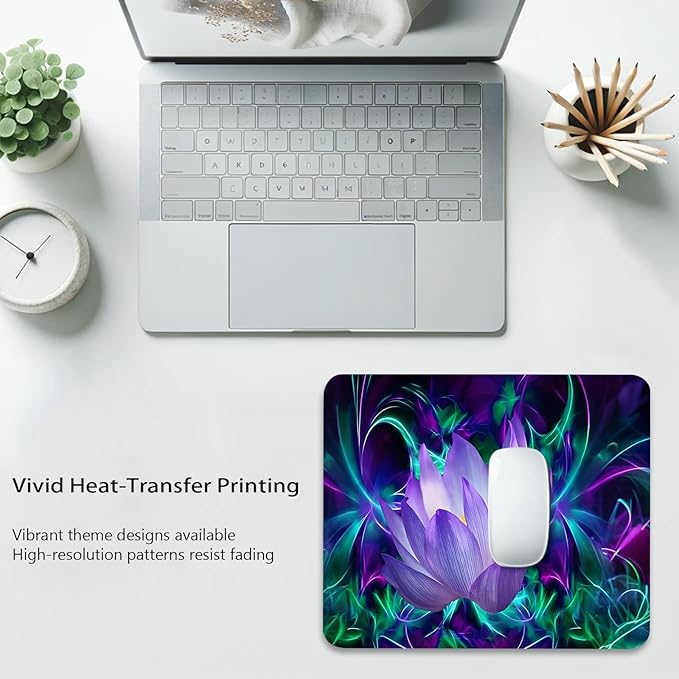 Abstract Modern Neon Lotus Painting Purple Anti-Slip Gaming & Office Mouse Pad with Stitched Edges 9.5 x 7.9 Inch, Glowing Flowers Blossom Art Durable Smooth Fabric Surface Desk Mat