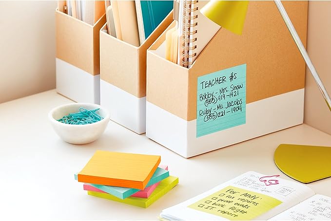 Post-it Super Sticky Notes,6 Lined Sticky Note Pads,4 x 4 in.,Ideal for Organization in Your Dorm,Home or Office,2X The Sticking Power,Supernova Neons Collection,(Pack of 12)