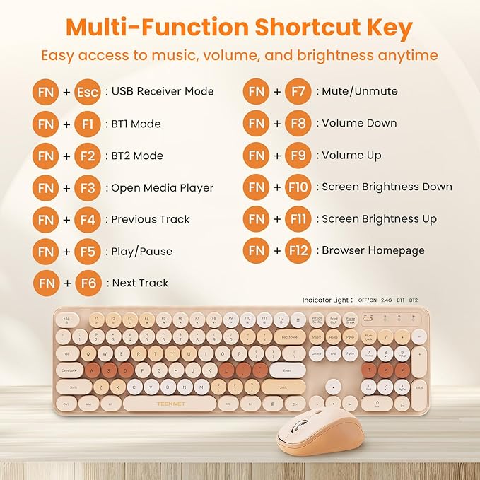 TECKNET Colorful Wireless Keyboard and Mouse Combo, Dual Bluetooth & 2.4G, Quiet Retro Typewriter Style, Full Size Bubble Keyboard with Number Pad, Aesthetic Desk Set for Laptop, PC, and Office Use