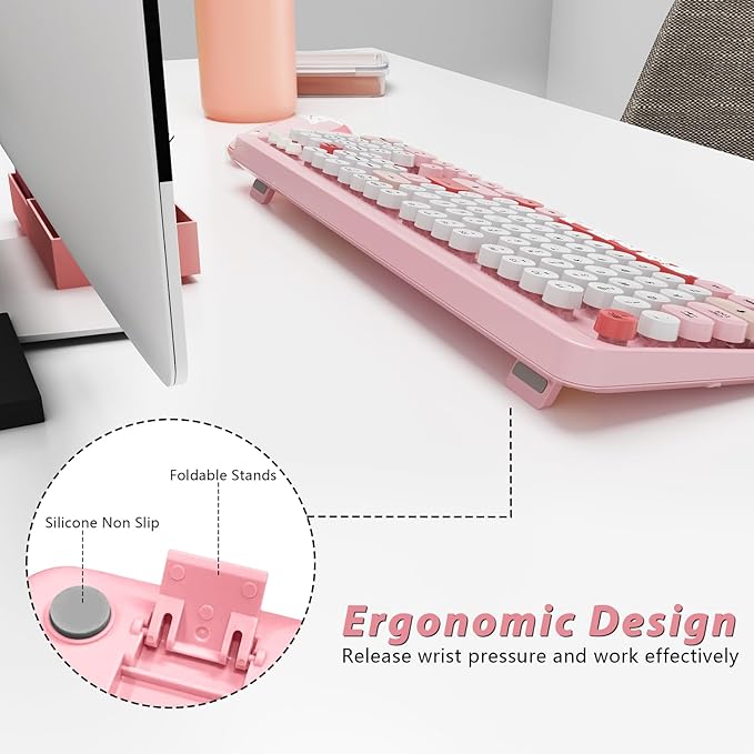 Wireless Keyboard,KOOTOP Cute Colorful 104 Keys Typewriter Retro Round Keycaps Keyboard for PC Laptop,Desktop,Windows, Home and Office Keyboards(Pink)