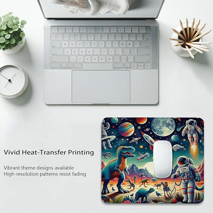 Outer Space Anti-Slip Gaming & Office Mouse Pad with Stitched Edges 9.5 x 7.9 Inch, Surreal Design of Rockets Dinosaurs Planets and Astronaut Characters Durable Smooth Surface Desk Mat