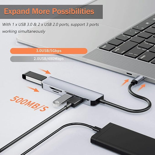 VIENON 5 in 1 Aluminum USB-C Hub with Memory Card Reader and 3 USB 3.0 Ports, for PC, Laptops, MacBook Pro/Air, iMac Pro, Surface and Tablet