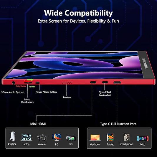 WUAWE Portable Monitor 16 inch Gift for Girls, 1920x1200P FHD 100% sRGB for Drawing & Design, USB C HDMI External Screen Ultra-Thin Metal for Laptop/Mac/Phone/Xbox/PS5(Red)