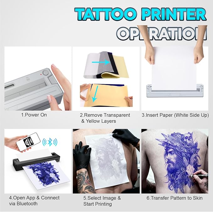 New Tattoo Stencil Printer - Wireless Bluetooth Thermal Kit with 10 Transfer Papers, Fits Custom-Size A4-A8 Width Thermal Paper, Works for Phones/Tablets/PC/Mac, for Artists & Beginners - Grey