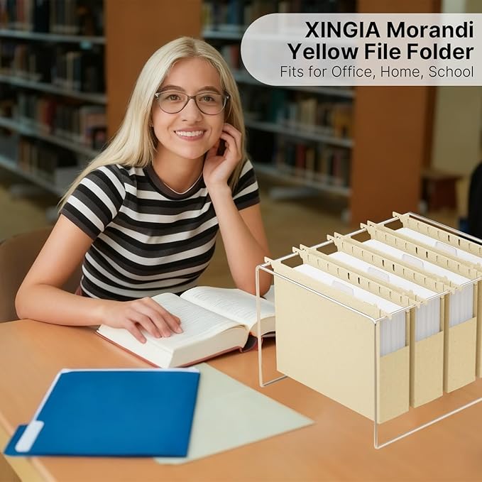 XINGIA Wheat Straw Extra Capacity Hanging File Folder,Letter Size 2 Inch Expanding Plastic File Cabinet Folders,Heavy Duty Hang Folders with Tabs,Accordian Pocket for File Frame Box(Morandi Yellow)