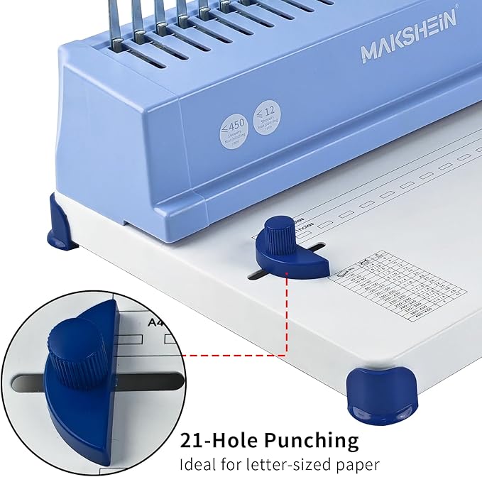 Comb Binding Machine, 21-Hole, 450 Sheets Capacity, Punch up to 12 Sheets, Punch Comb Binder Machines for Letter Size A5/A4 Paper with 100pcs 1/4" Binding Spines