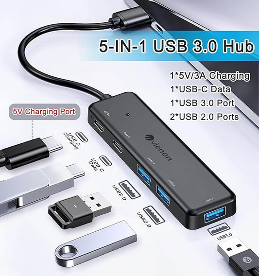VIENON USB 3.0 Hub 5 in 1, USB Extender with USB C Power & Data Ports for Laptop/PC, Multiport USB Dock for MacBook, Mac Pro, Mac mini, iMac, Surface Pro, XPS
